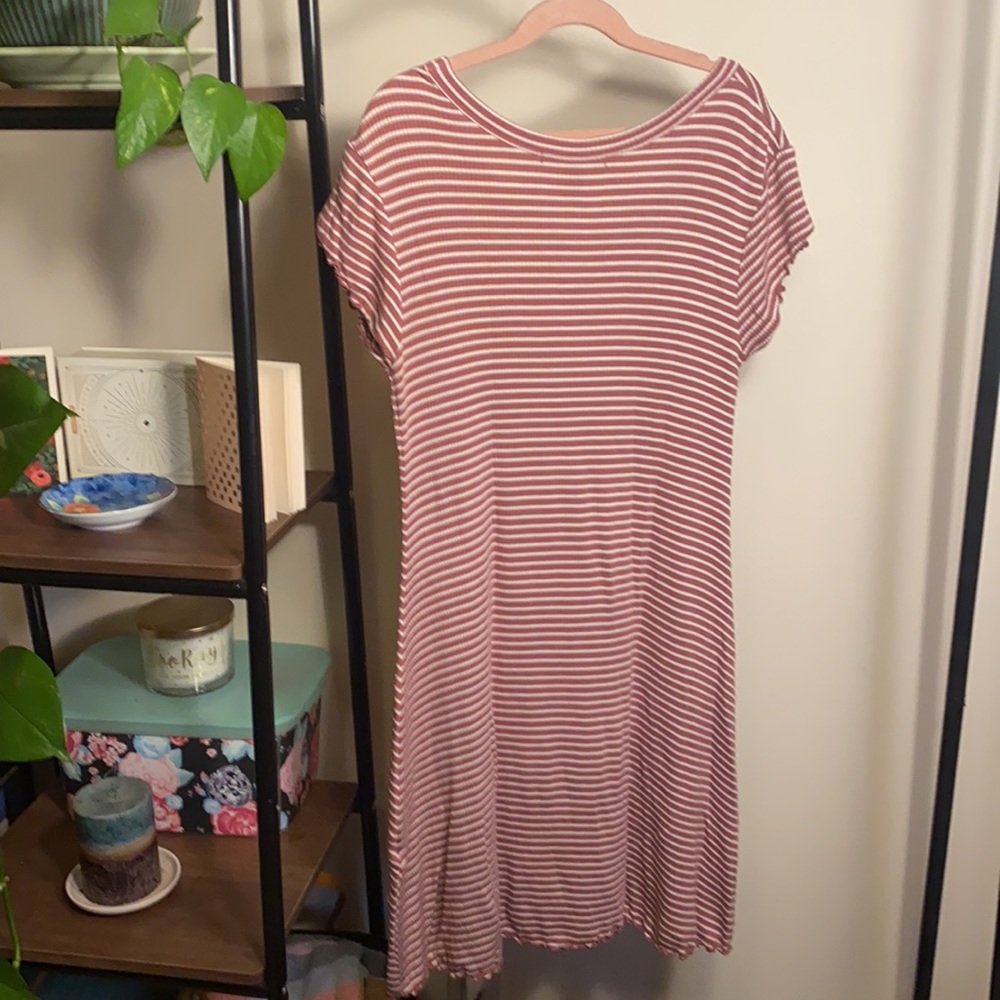 2/$10- FOREVER 21- Dress Short Sleeve Tunic Ruffle Hem Striped Stretch - Picture 4 of 7